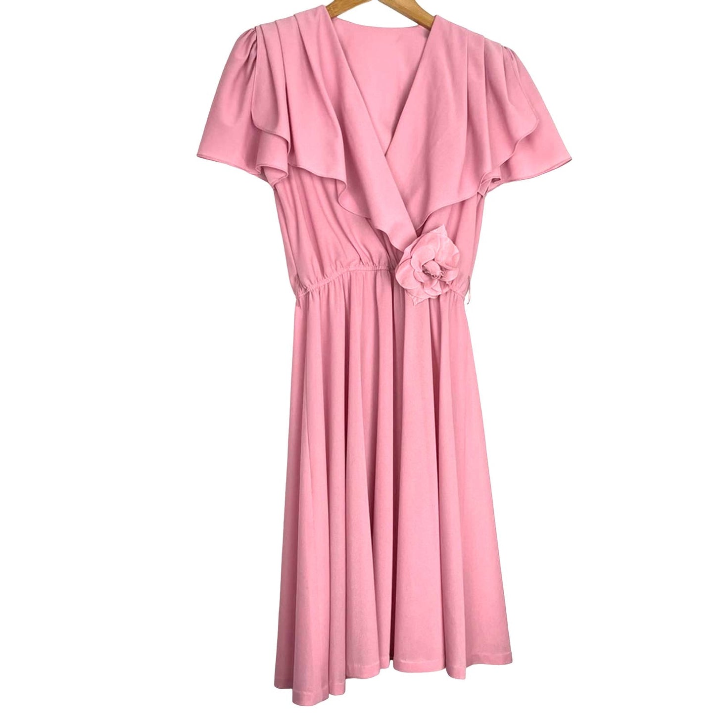 Vintage | 70s Pink Draped Dress Grecian Style Movable Flower