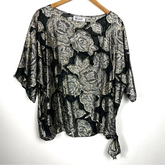 Vintage Silver Sparkling Top Boat Neck Rose Print Celebration Metallic