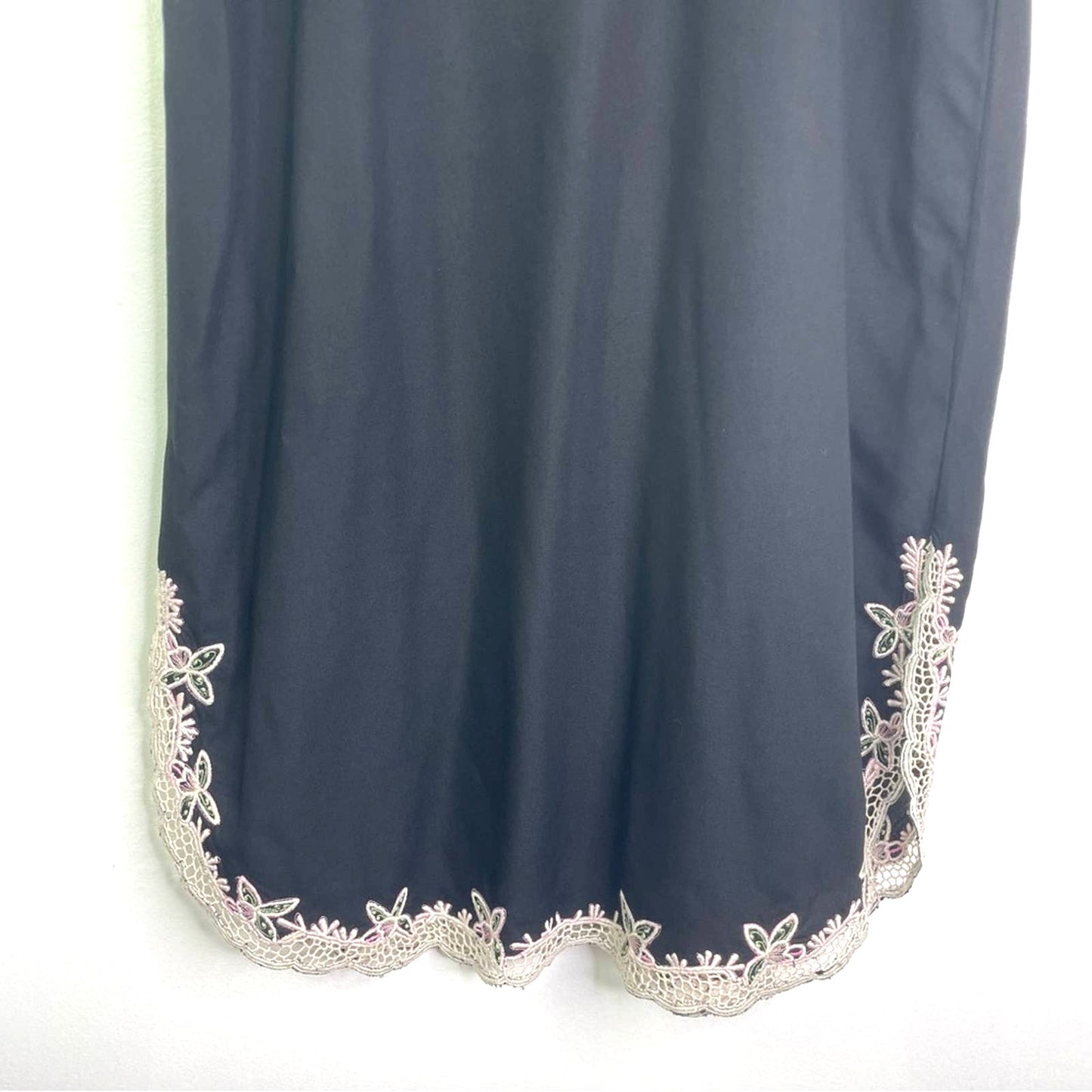 Vintage Embroidered Black Dress  White Floral Lace Rayon Dress Pink Green