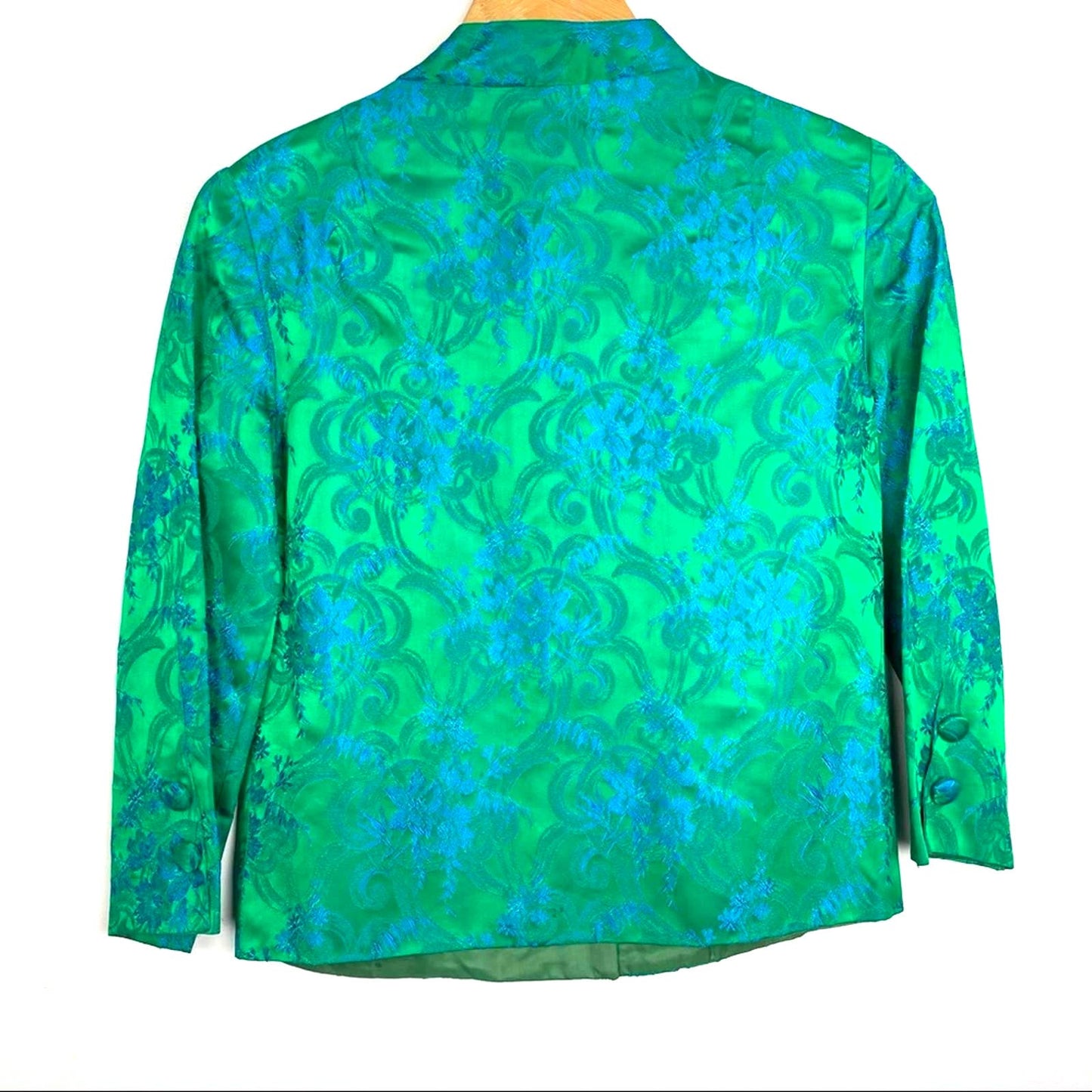 Vintage 1960s Silk Evening Jacket Green Blue Shiny 3/4 Sleeve Floral