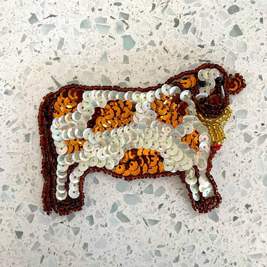 Vintage Brown Cow Pin Sequin Beaded Patch