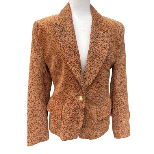 Vintage Suede Leopard Print Jacket Brown Tan Pearl Button S