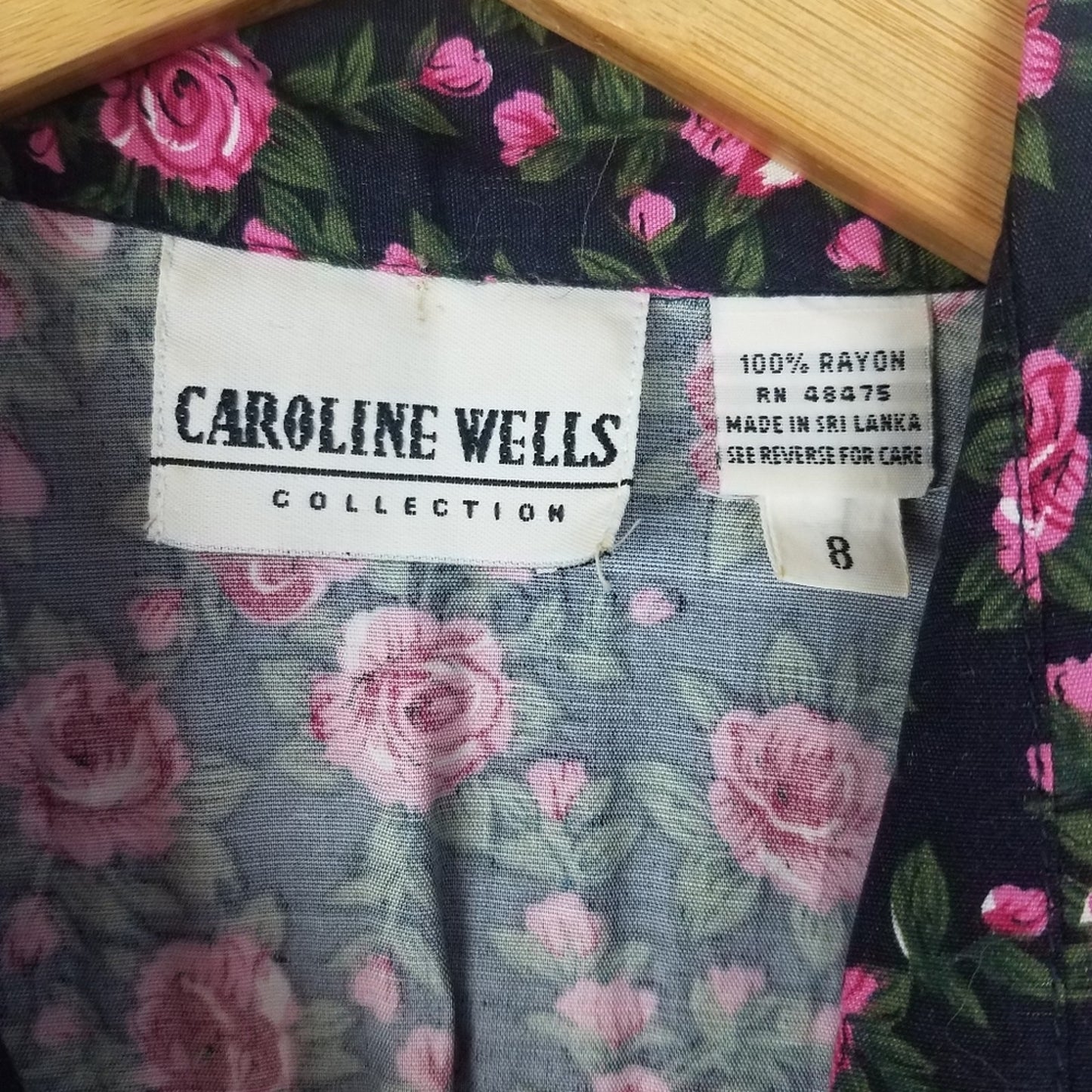 Vintage Pink Rose Print Shirt Dress Black Gold Buttons 8