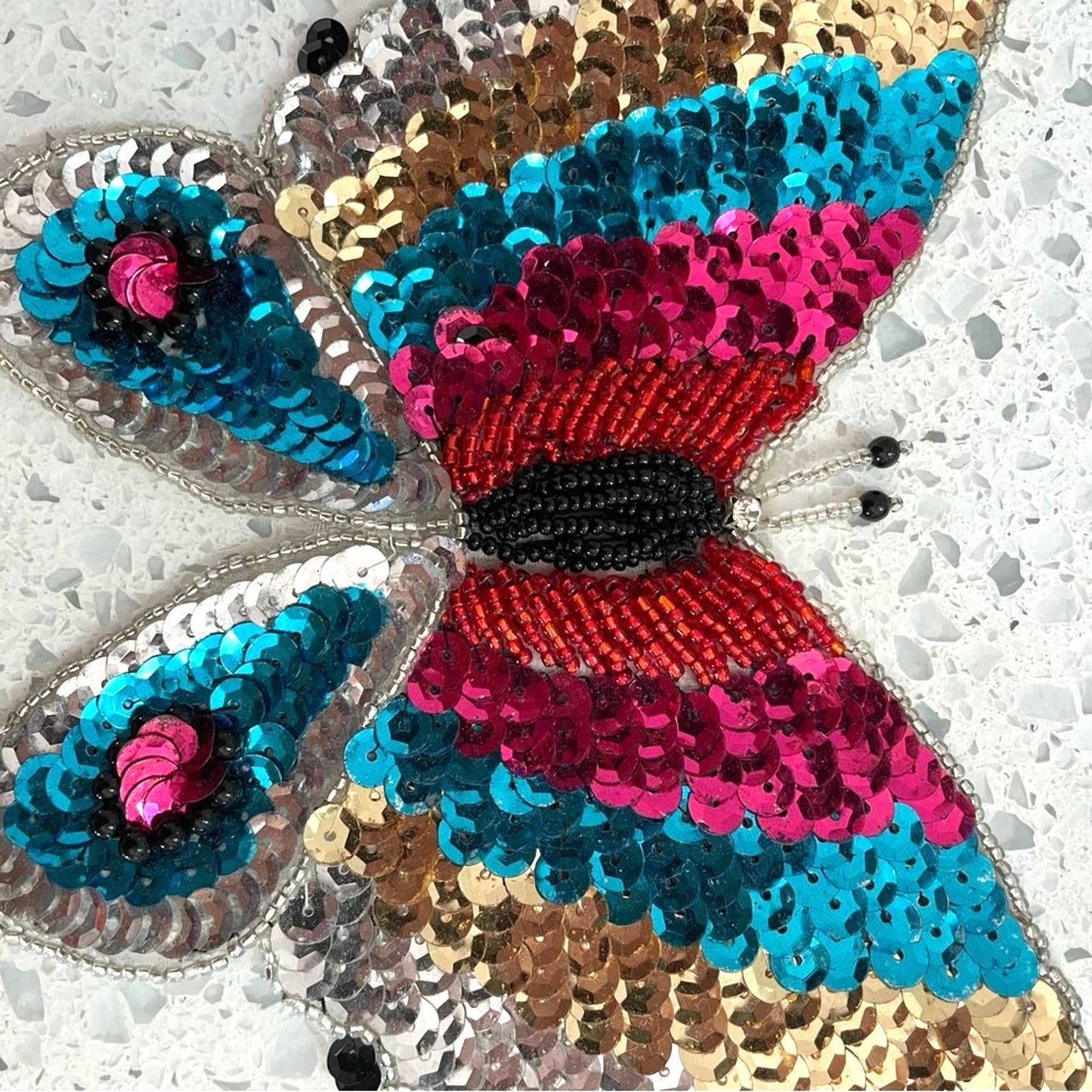 Vintage Butterfly Sequin Patch Large Light Blue Turquoise & Dark Blue