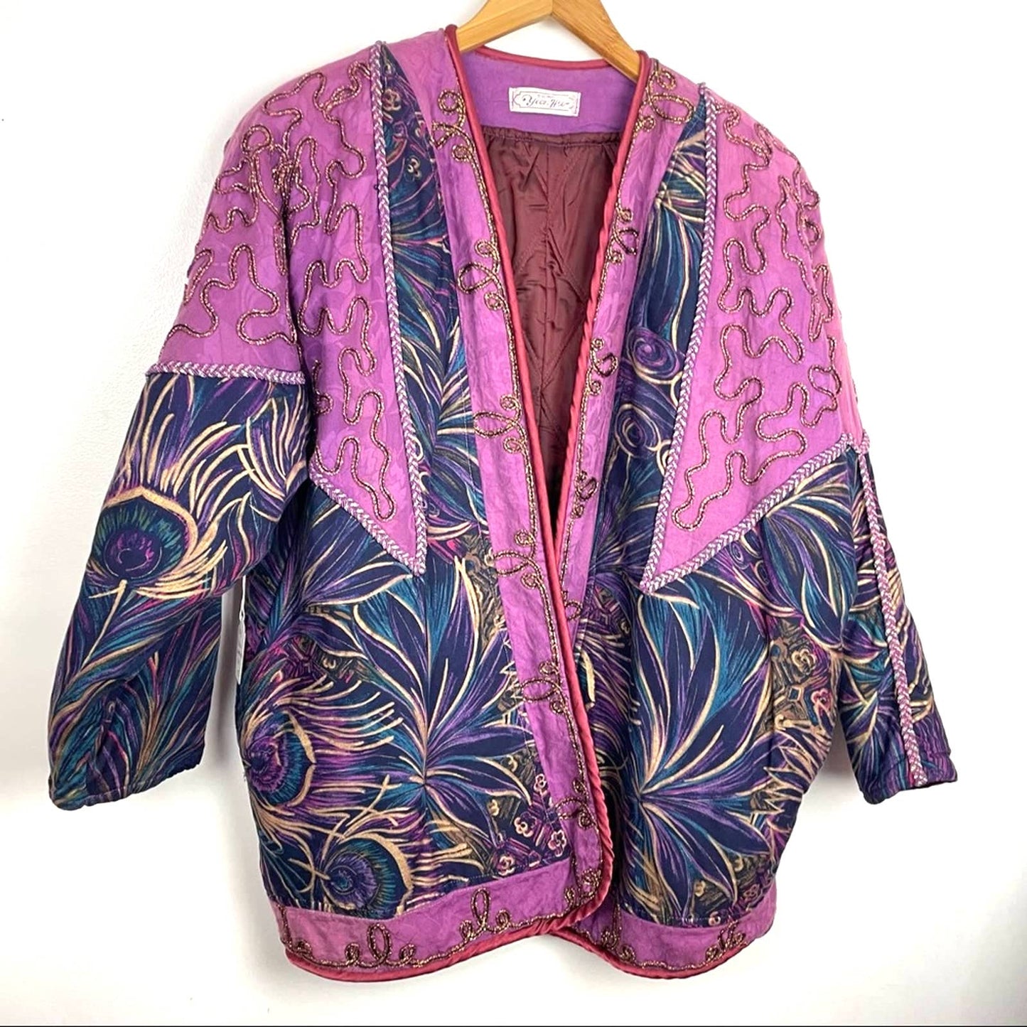 Vintage | Purple Jacket Peacock Print Boho Ribbon XL