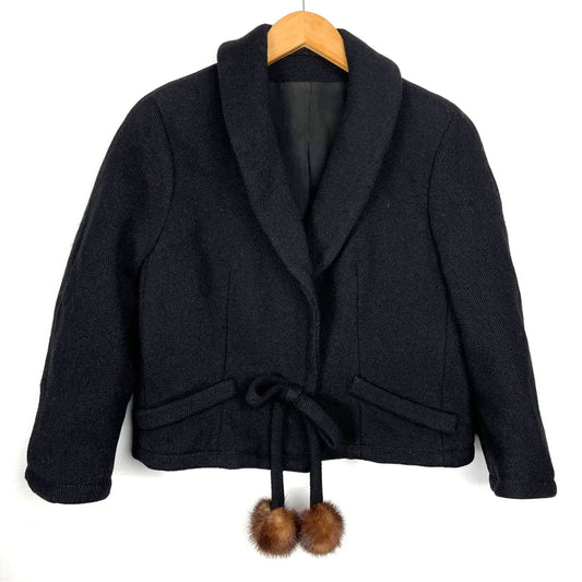 Vintage Black Wool Cardigan Jacket Fur Balls Bow Knit