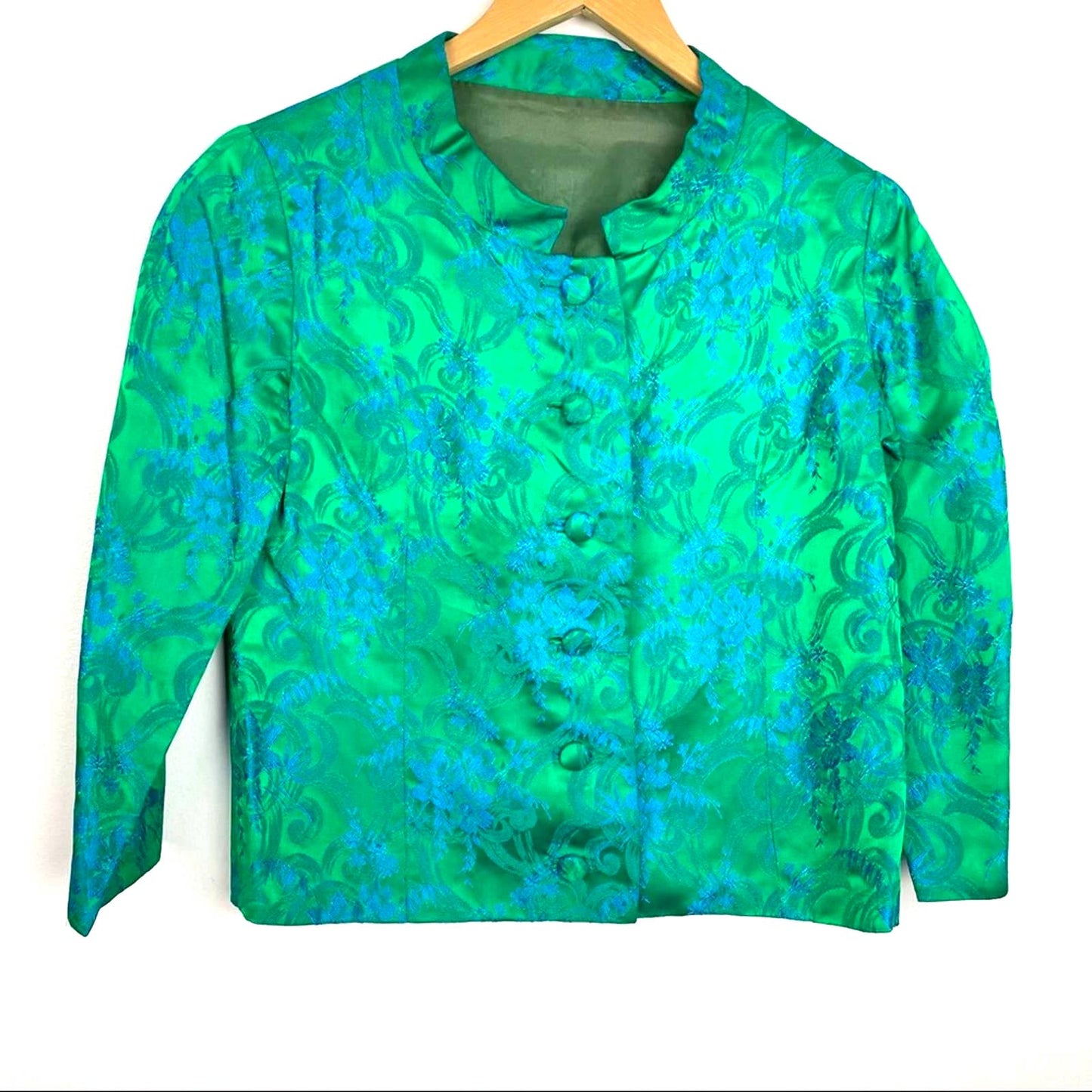 Vintage 1960s Silk Evening Jacket Green Blue Shiny 3/4 Sleeve Floral