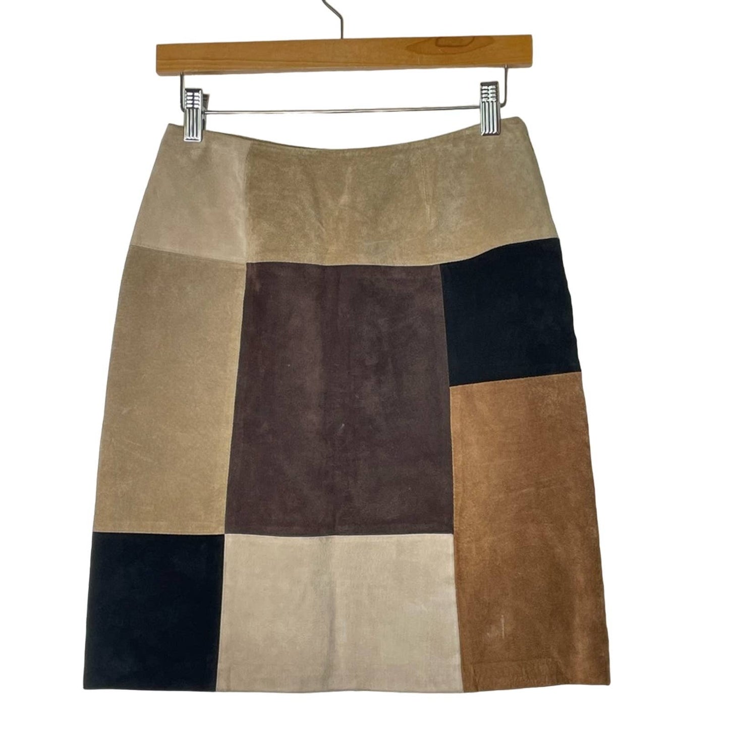 Leather Skirt Suede Brown Tan Black Block Print