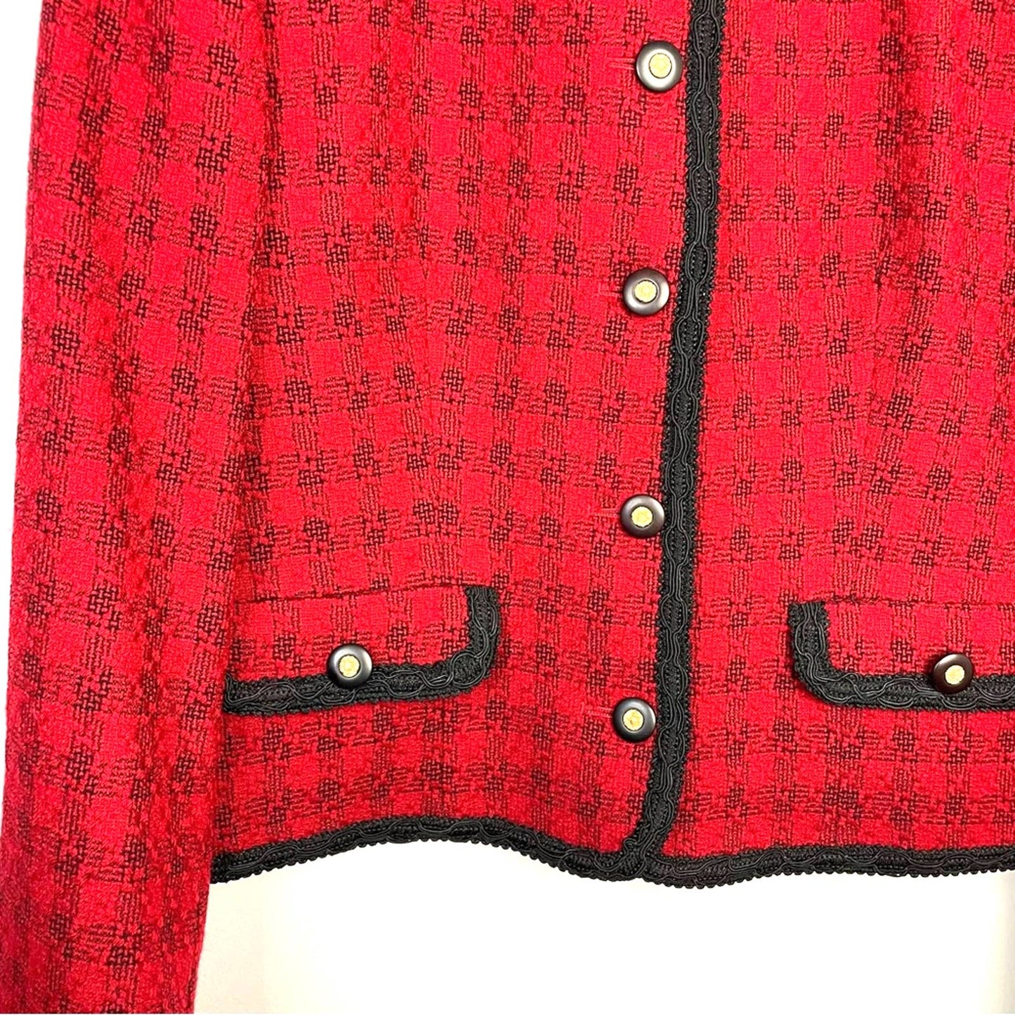 Vintage Red Wool Blazer Black Accents Gold Buttons