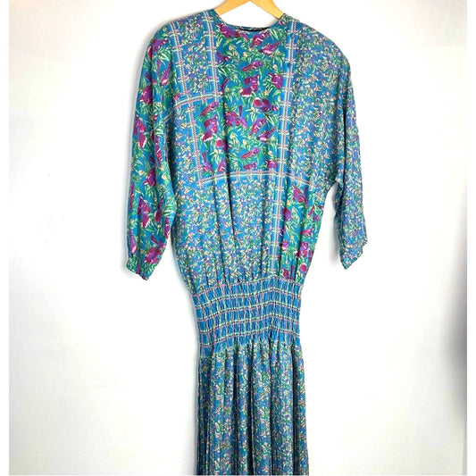 Vintage | Diane Freis Dress Blue Floral and Bird Pattern