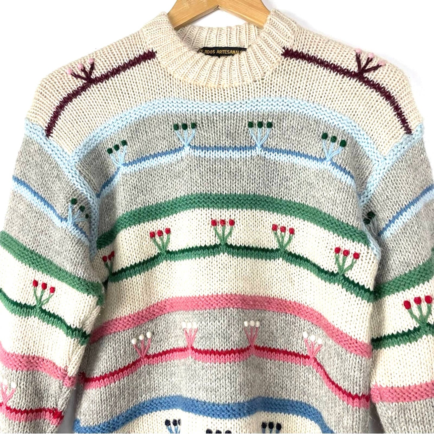 Vintage Alpaca Sweater Handmade Knit Floral Details Gray Beige Pink Blue