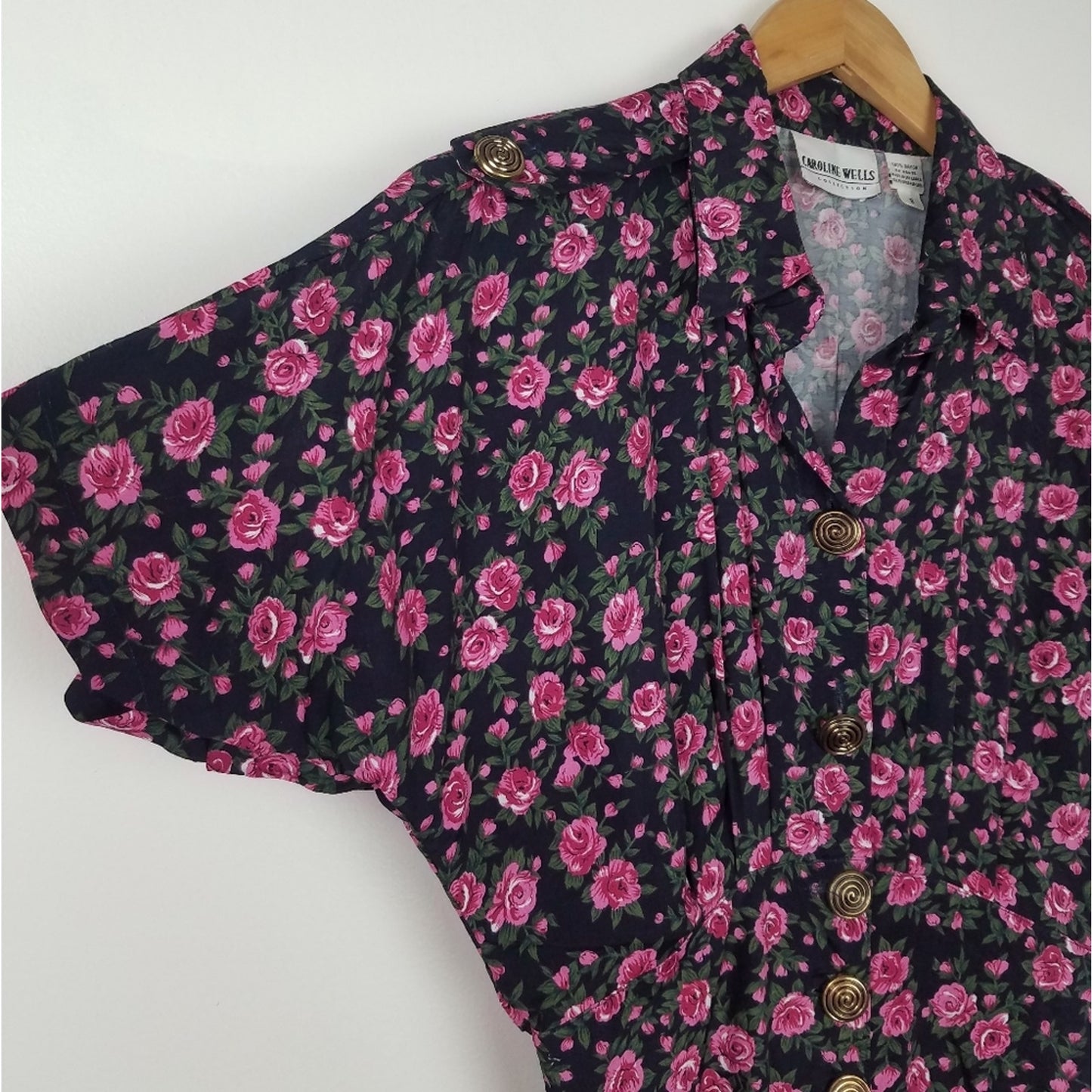Vintage Pink Rose Print Shirt Dress Black Gold Buttons 8
