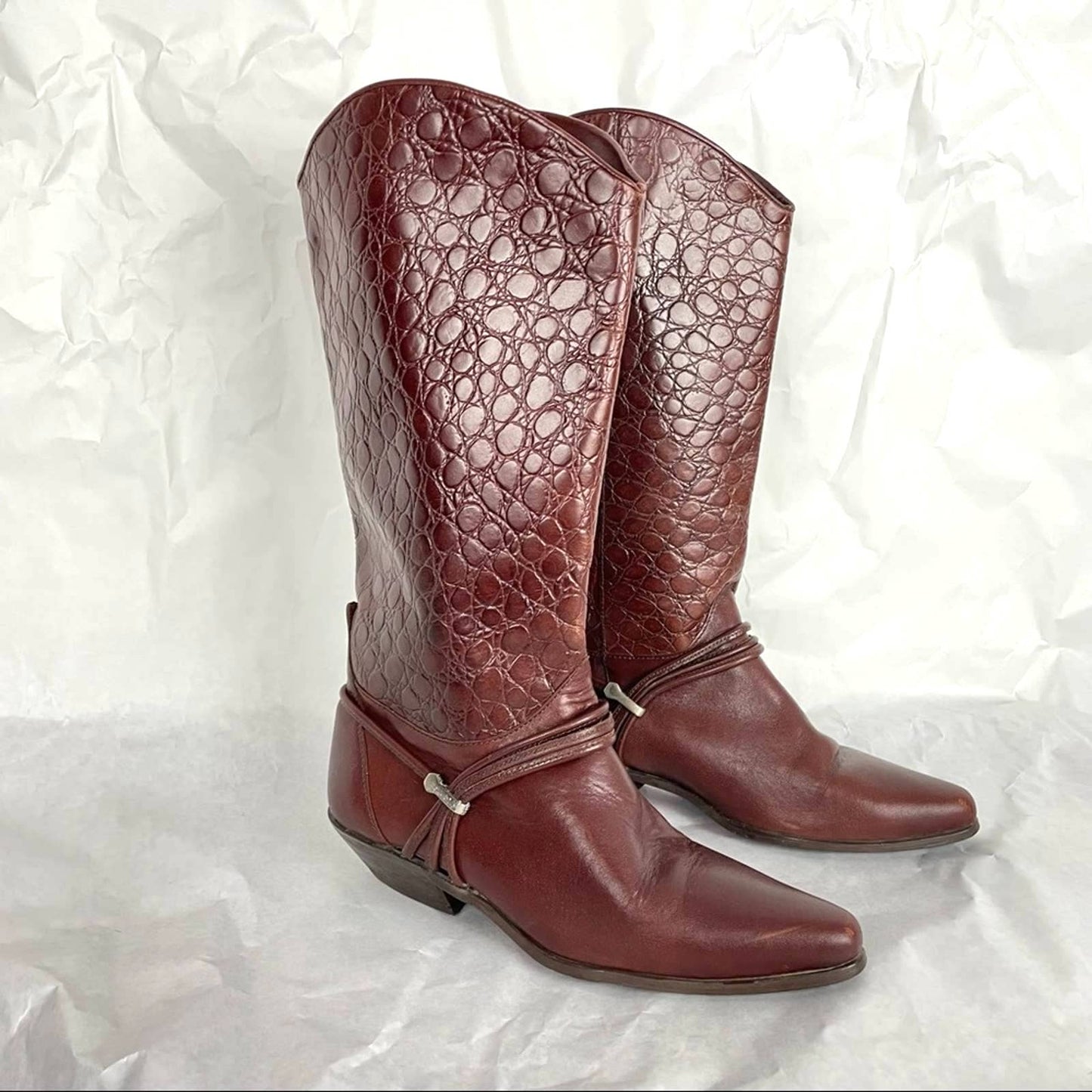 Vintage | Brown Leather Cowboy Boots Alligator Pointed Toe