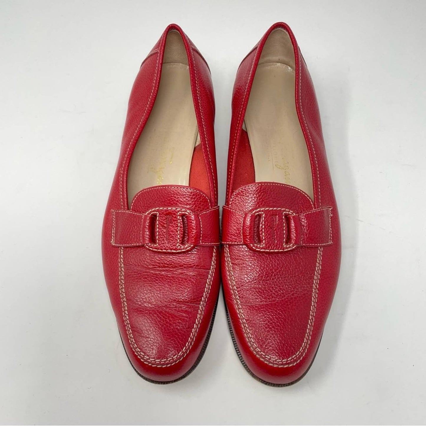 Ferragamo Red Loafers Slides Flats Leather Vintage 6.5