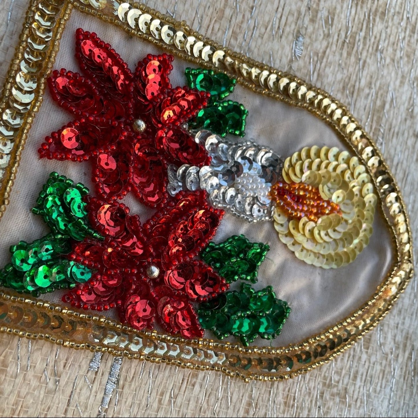 Vintage Christmas Embellishment Sequin Patch Candle Poinsetta