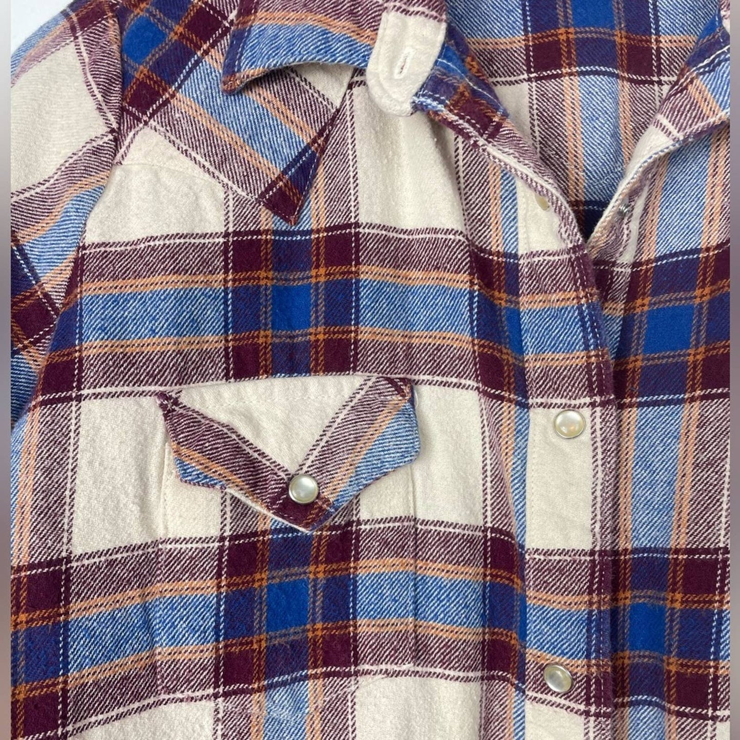 Vintage Wrangler Flannel Shirt Plaid Blue Cream Large