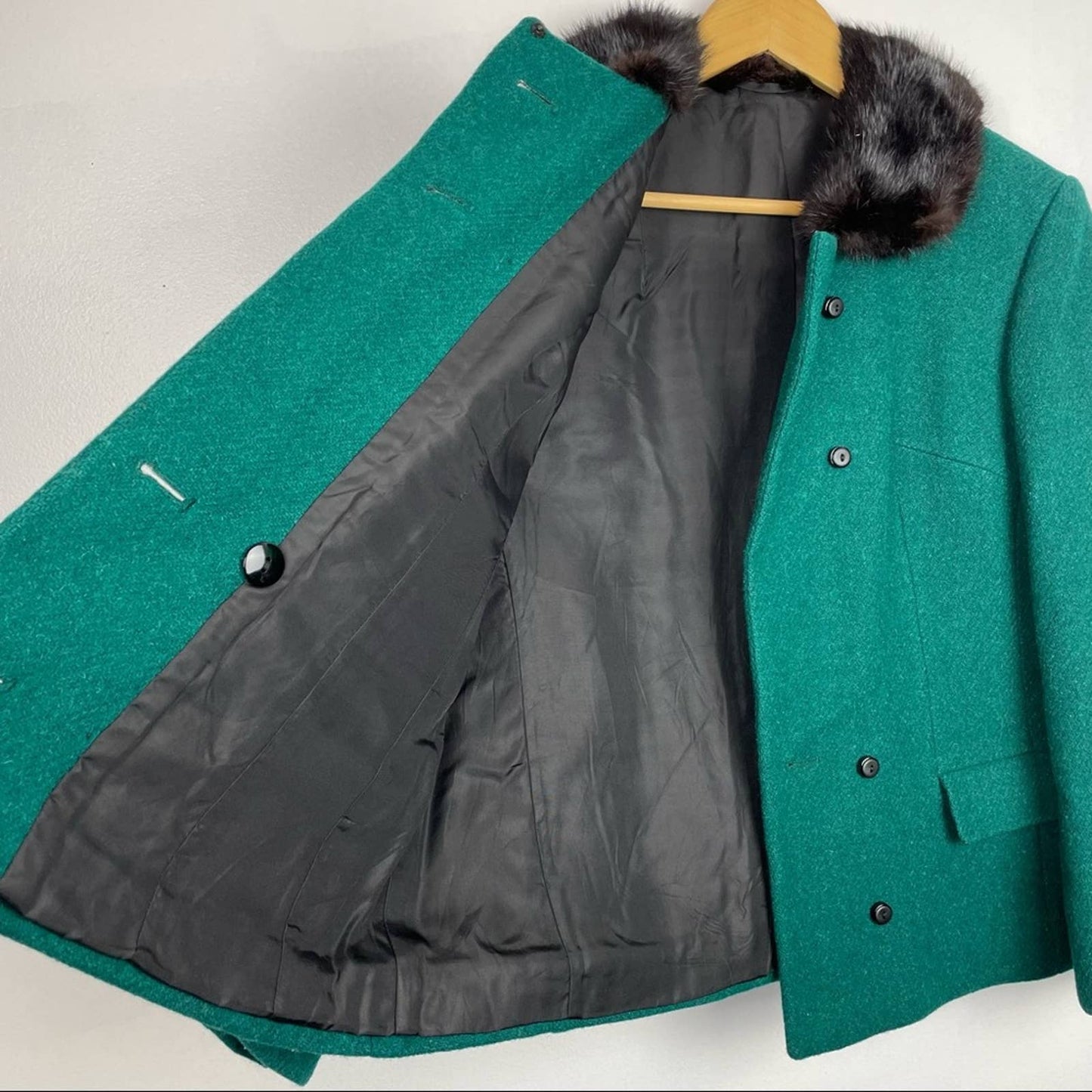 Vintage Green Wool & Real Fur Collar Jacket 1960s