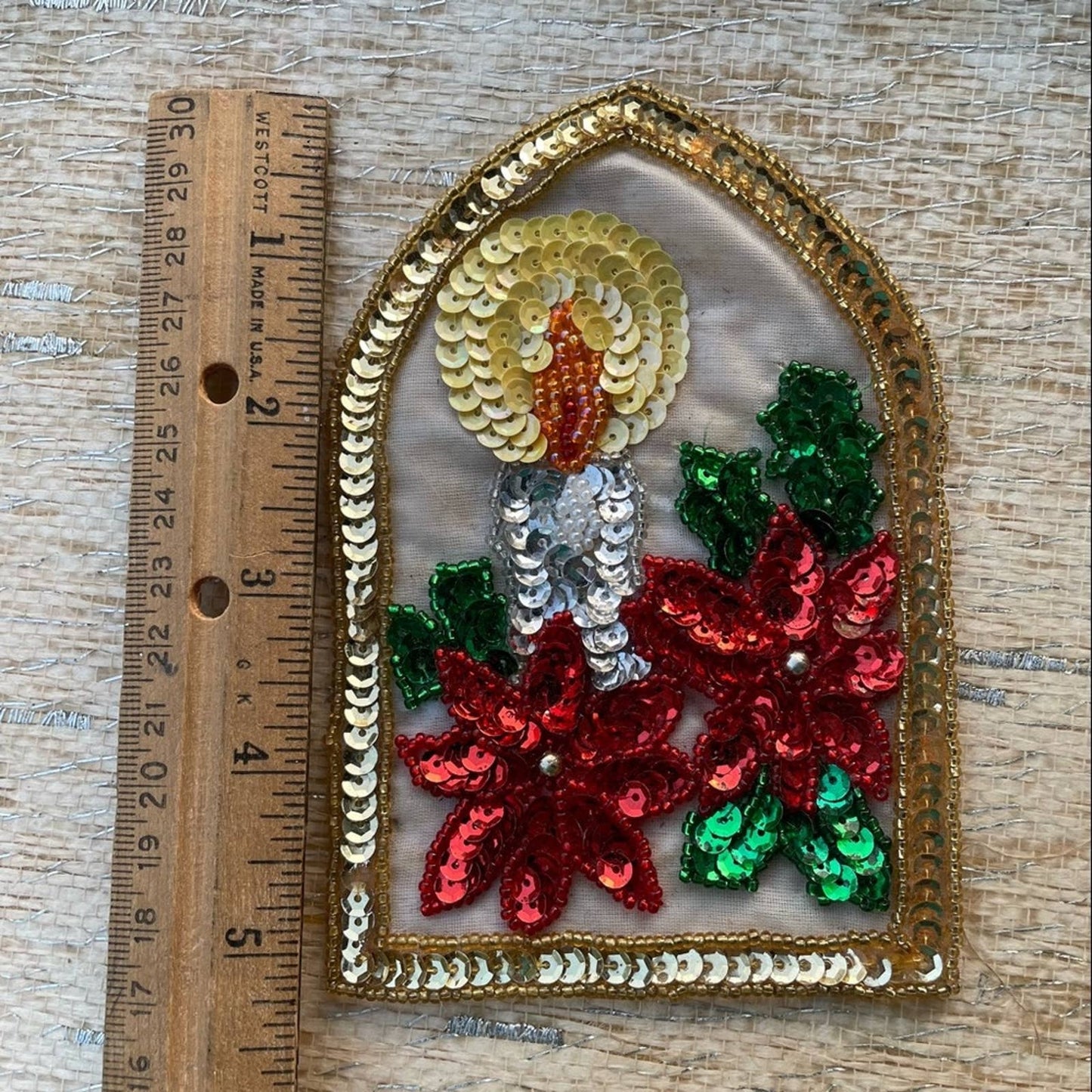 Vintage Christmas Embellishment Sequin Patch Candle Poinsetta
