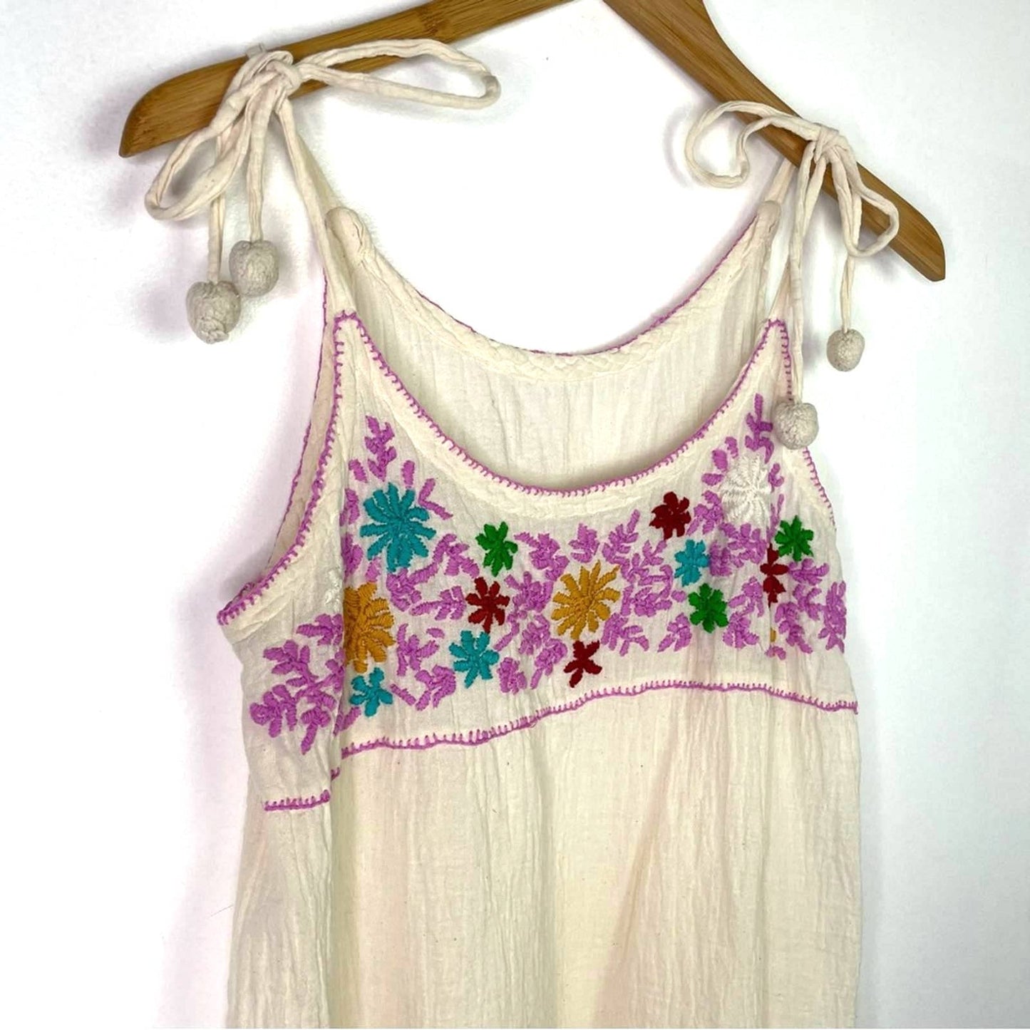 Vintage White Tank Top Flowers Embroidered Pom Poms