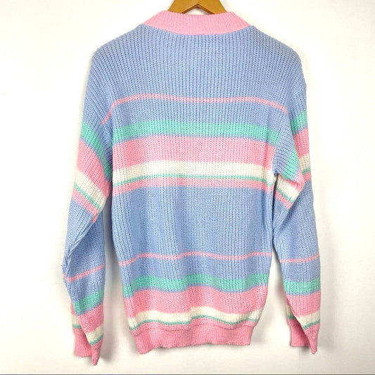 Vintage Bright Knit Sweater Crew Neck Blue Pink Pastels 80s