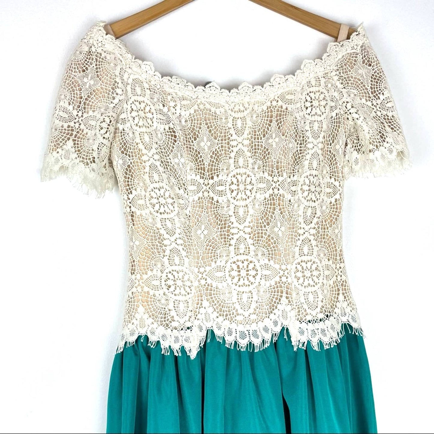 House of Bianchi | Vintage Lace Dress Off the Shoulder Formal Green Skirt