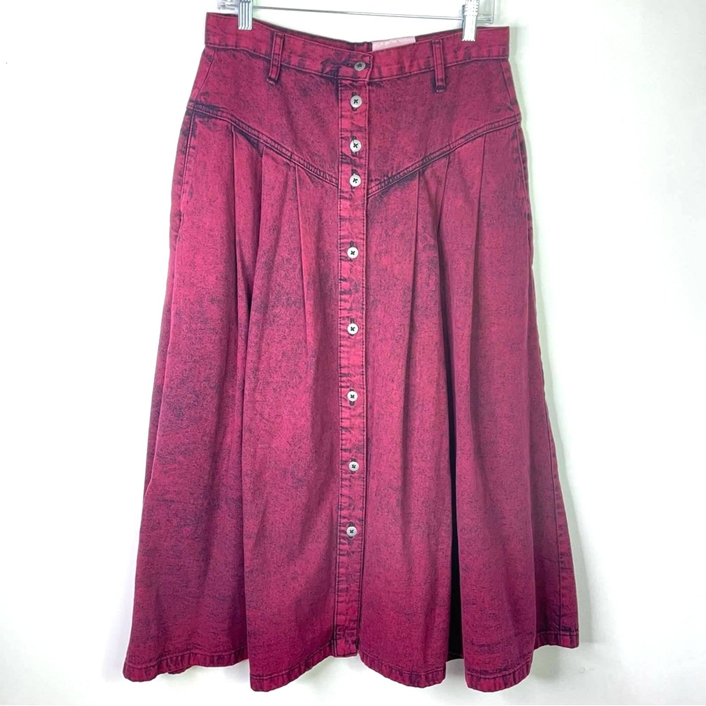 Vintage Long Jean Skirt Maroon Button Front Denim Wear Western Boho