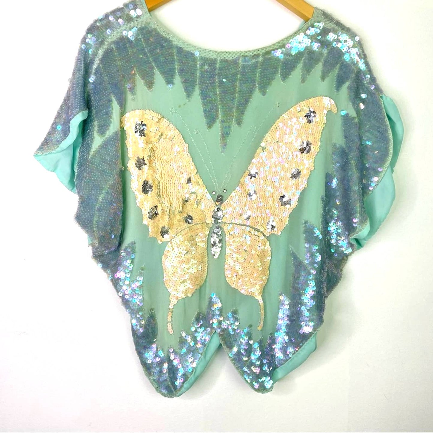 Vintage Butterfly Sequin Top Blue White Silk Small