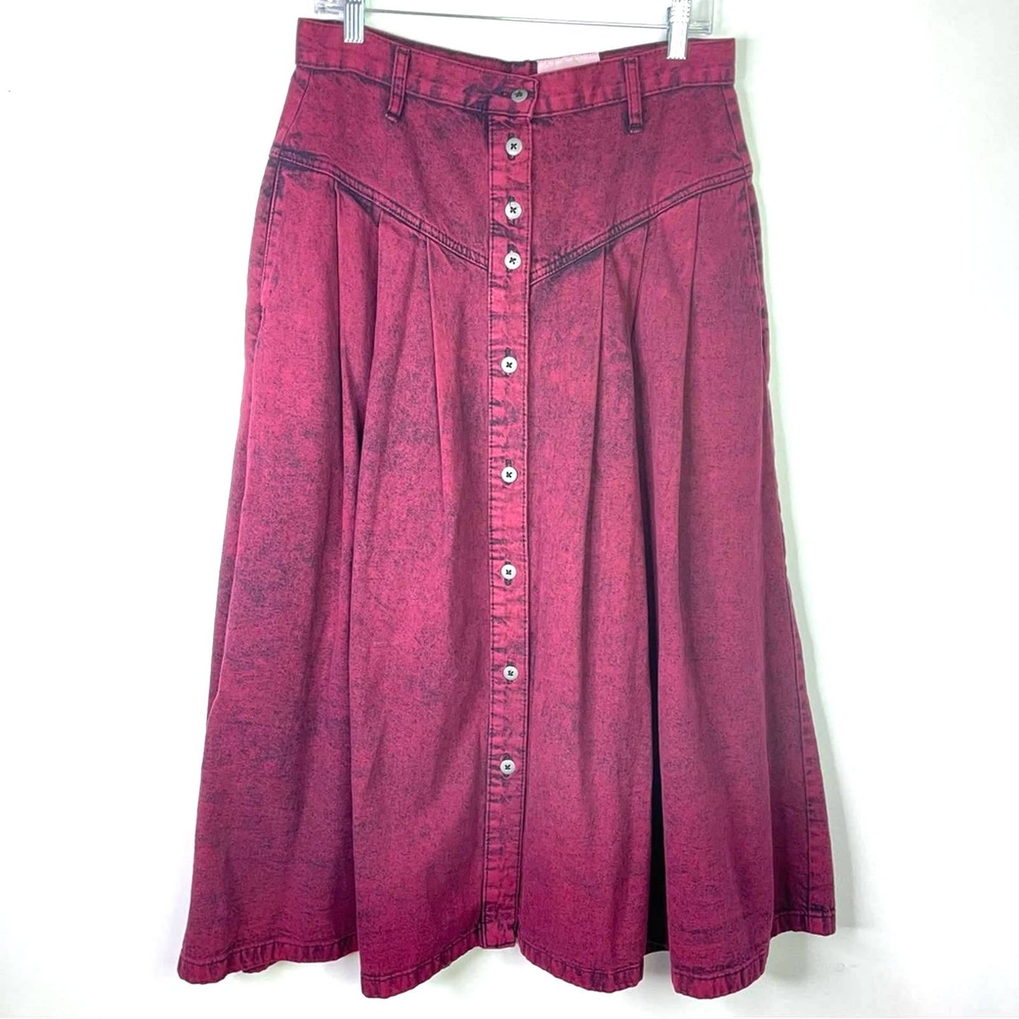 Vintage Long Jean Skirt Maroon Button Front Denim Wear Western Boho