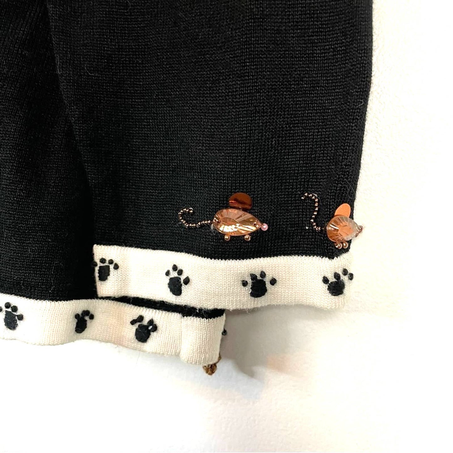 Cat Sweater Novelty 3D Fuzzy Jeweled Black & White Cardigan