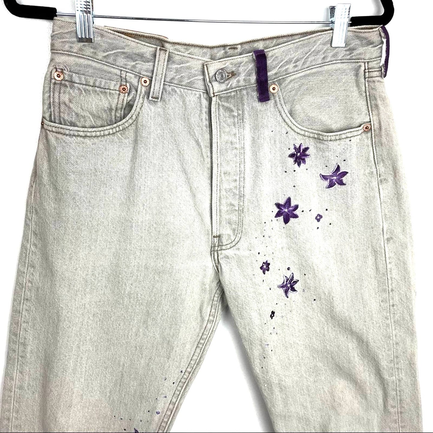 Vintage Levi’s 501 Jeans with Hand Painted Purple Flowers 32 33