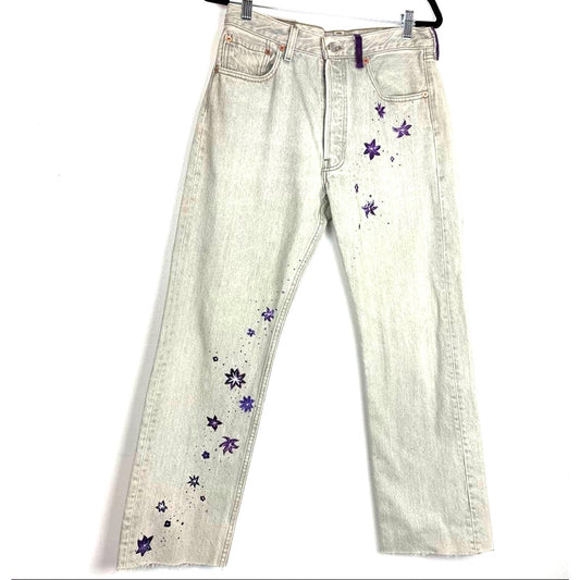 Vintage Levi’s 501 Jeans with Hand Painted Purple Flowers 32 33