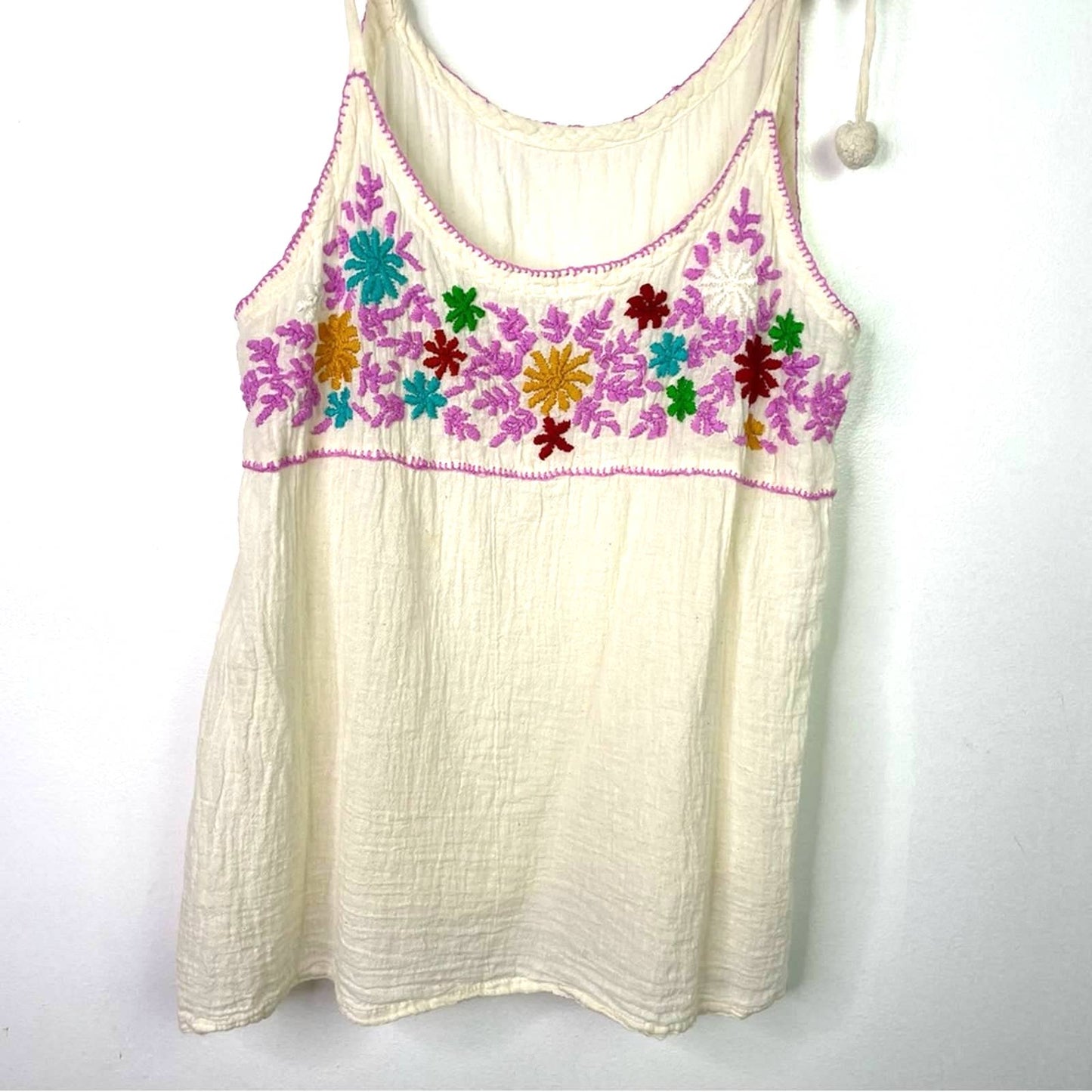 Vintage White Tank Top Flowers Embroidered Pom Poms