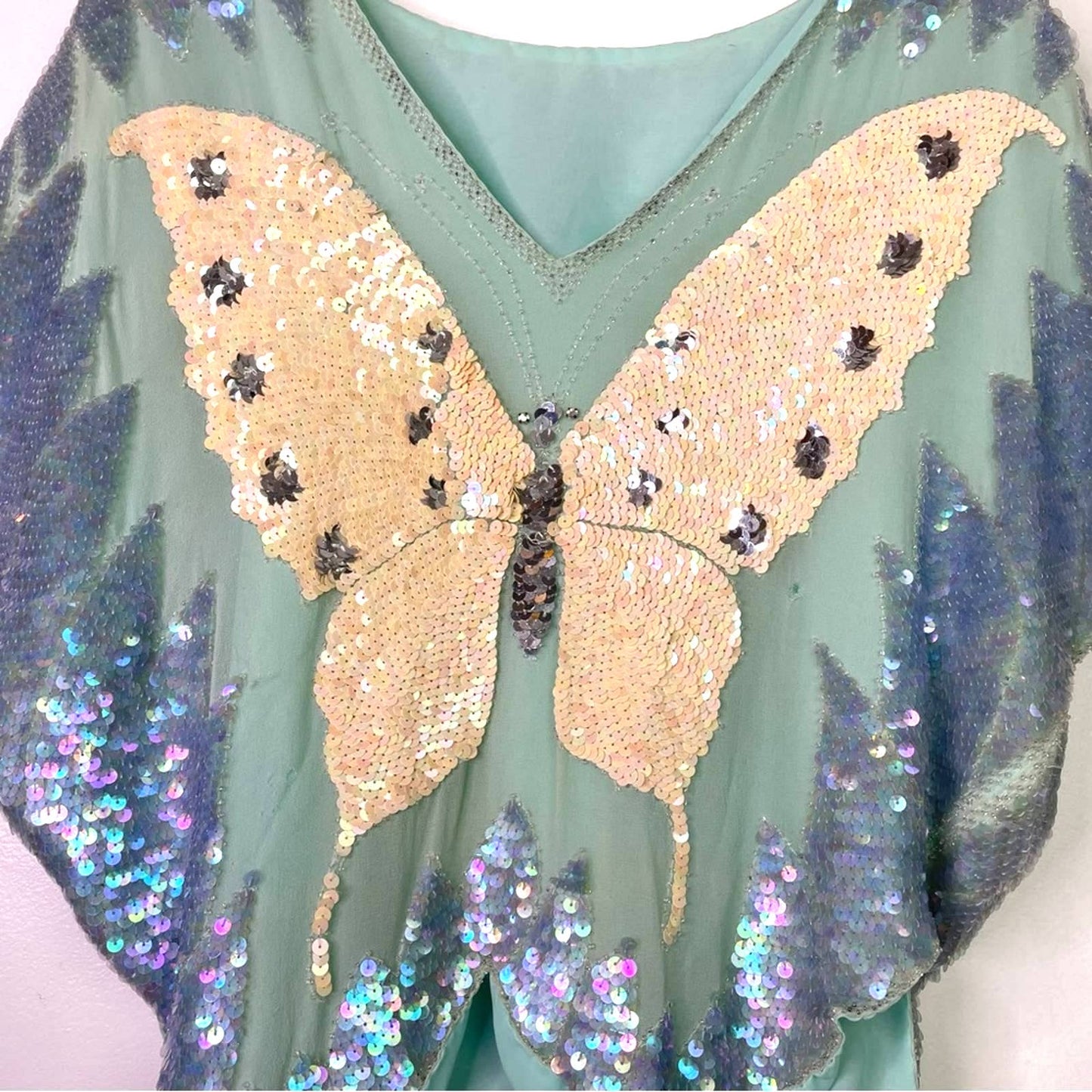 Vintage Butterfly Sequin Top Blue White Silk Small