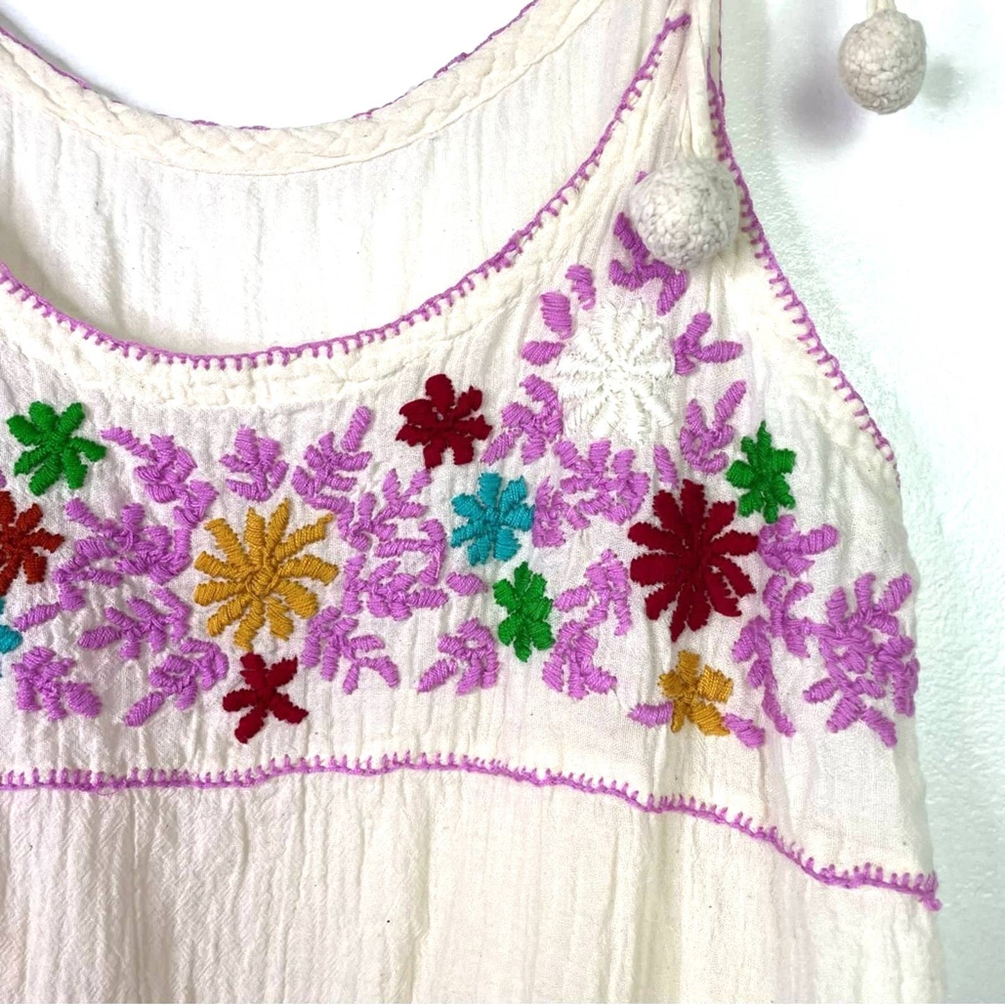 Vintage White Tank Top Flowers Embroidered Pom Poms