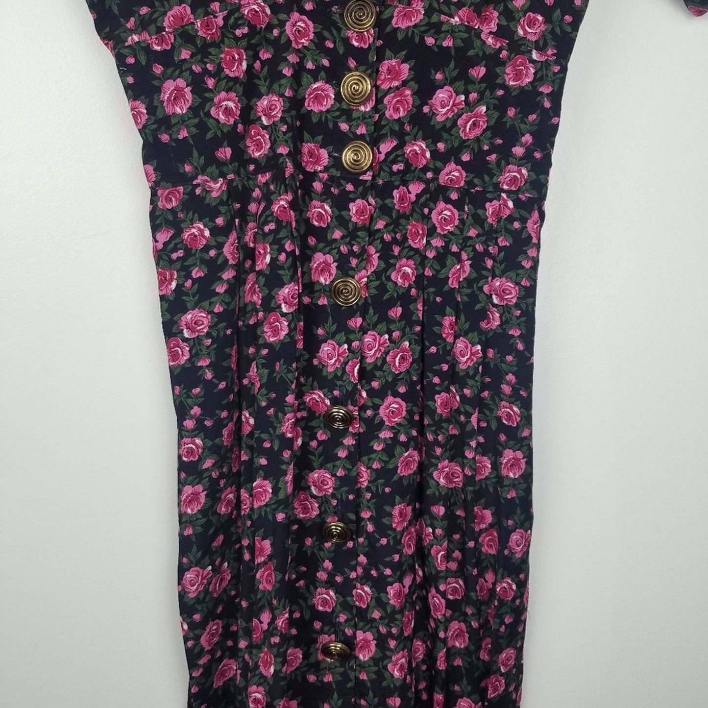 Vintage Pink Rose Print Shirt Dress Black Gold Buttons 8