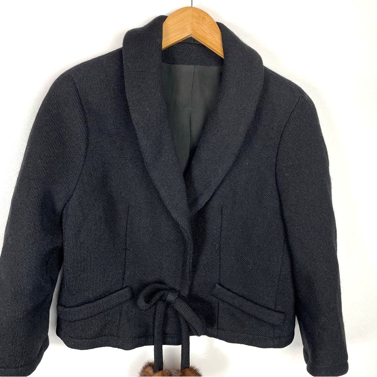 Vintage Black Wool Cardigan Jacket Fur Balls Bow Knit