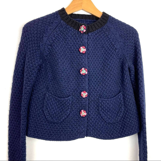 Blue Knit Cardigan Sweater Embroidered Buttons Cotton Wool Blend