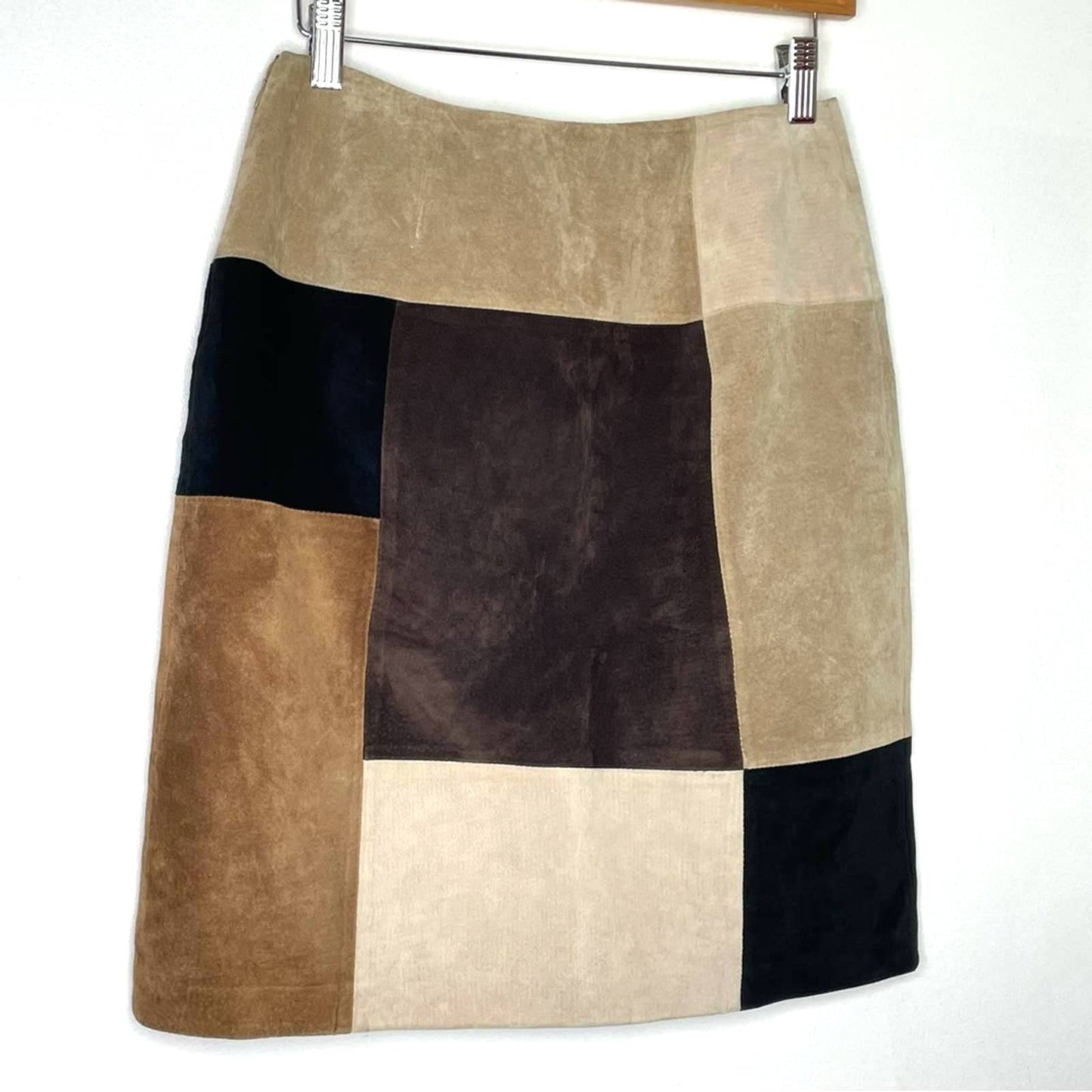 Leather Skirt Suede Brown Tan Black Block Print