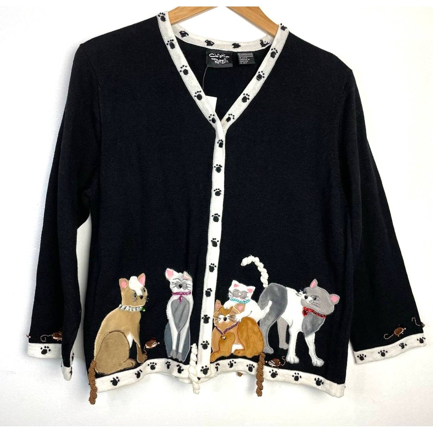 Cat Sweater Novelty 3D Fuzzy Jeweled Black & White Cardigan