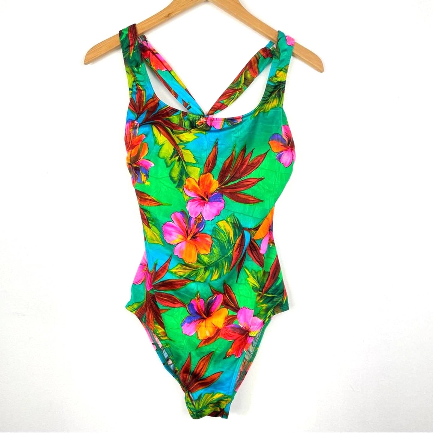 Vintage Tropical Bathing Suit One Piece Pink Green Floral Hawaiian 14