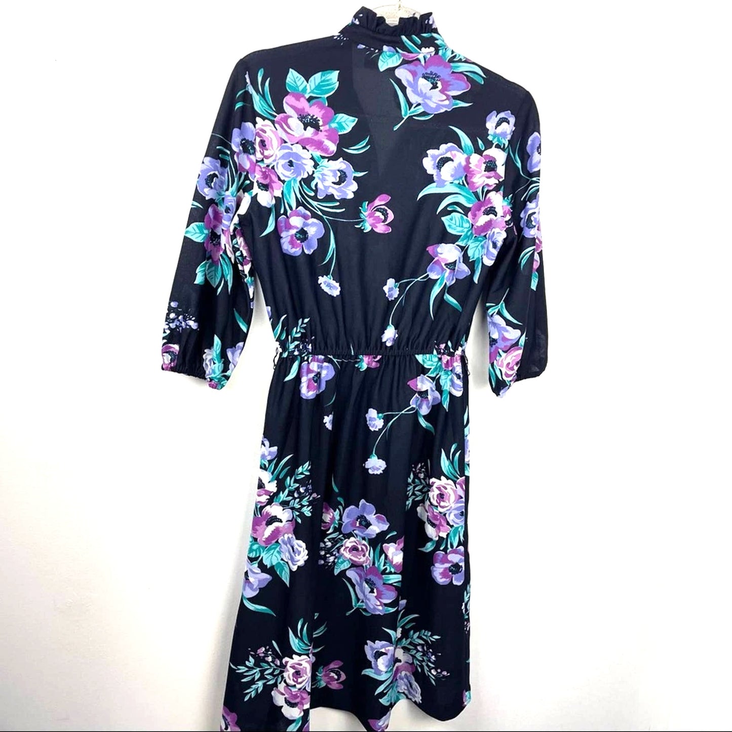 Vintage Floral Dress 1970s California Black Purple Small