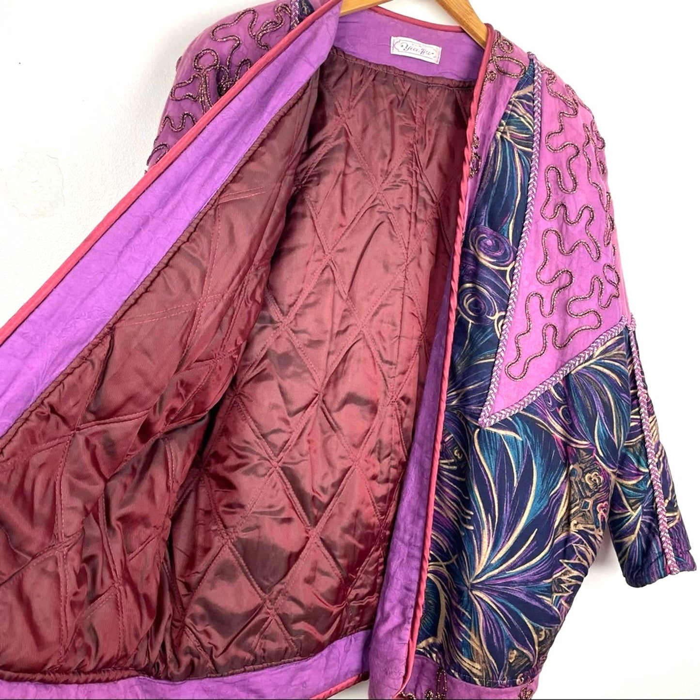 Vintage | Purple Jacket Peacock Print Boho Ribbon XL