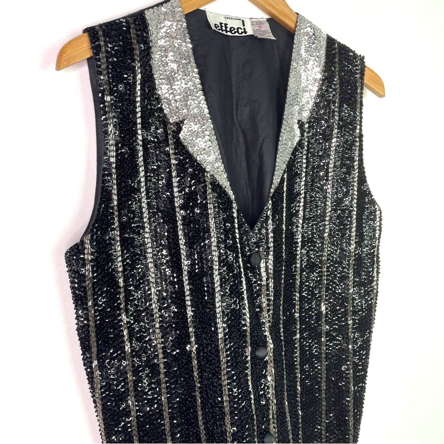 Vintage Sequin Vest Tuxedo Black & Silver Stripes M