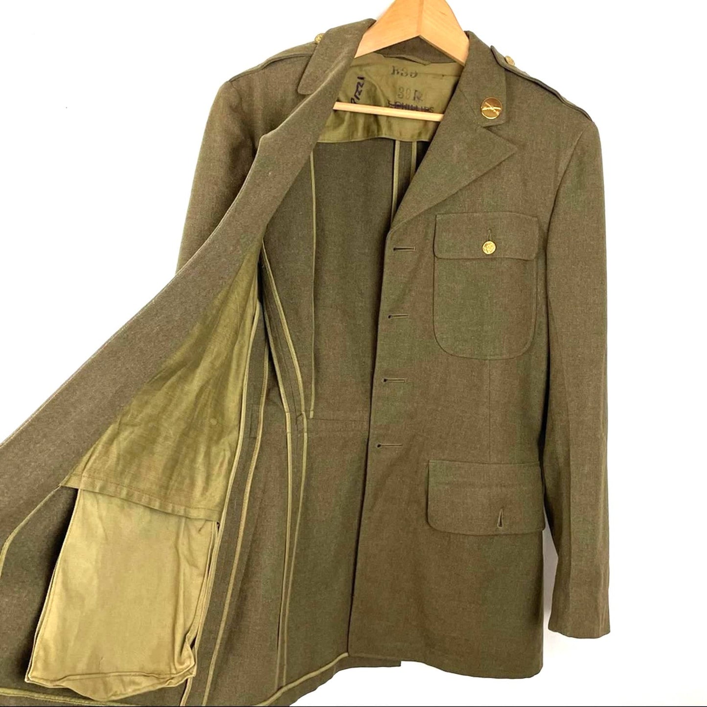 Vintage Mens Wool Military Jacket World War II Green Coat