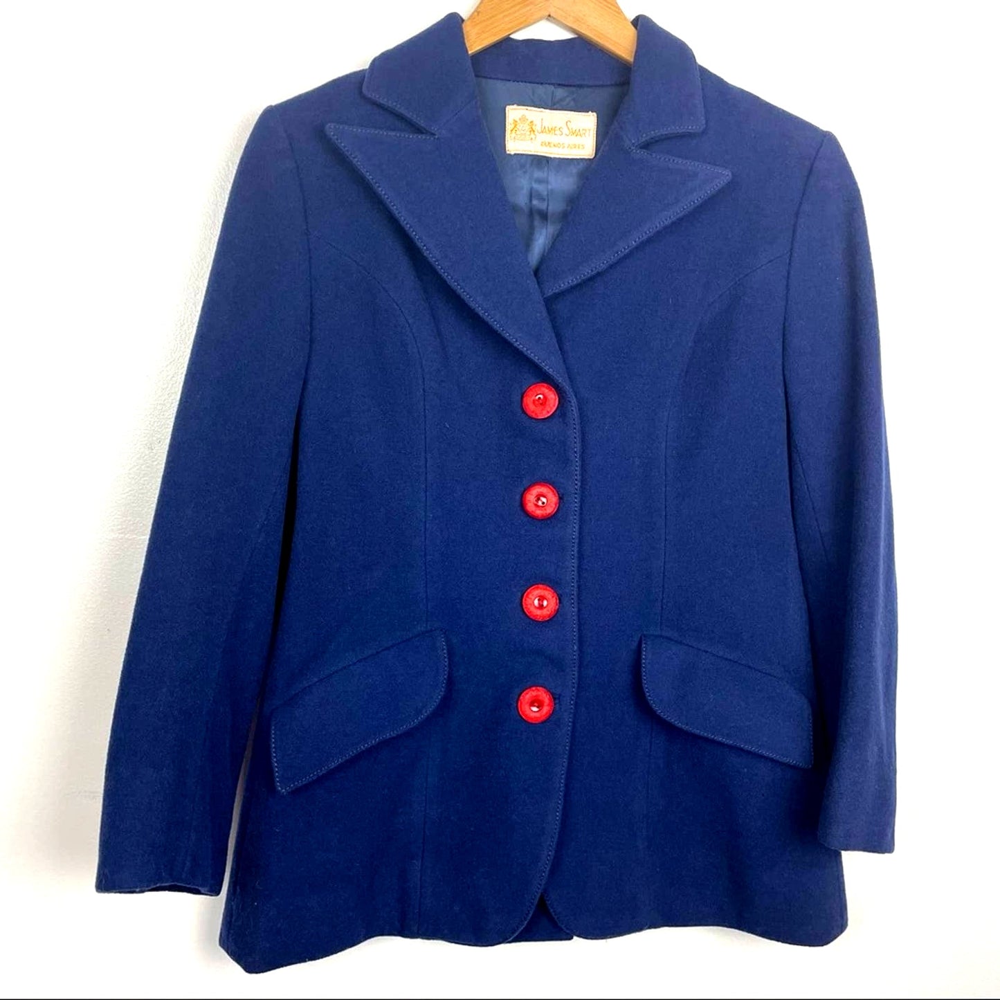 Wool Blue Blazer Red Buttons Vintage James Smart Medium