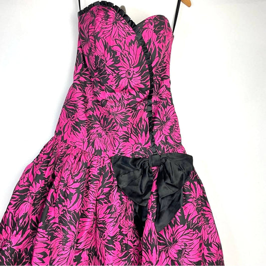 Vintage 1980s Party Dress Pink Black Strapless Big Bow Prom Barbiecore