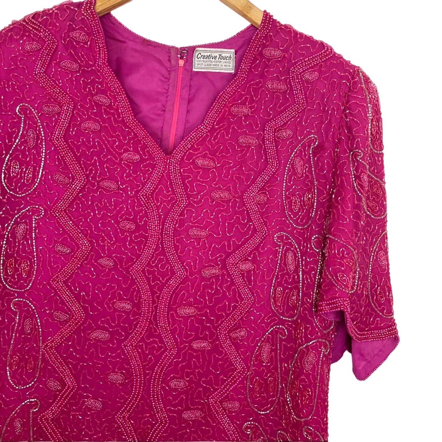 Vintage 100% Silk Hot Pink Beaded Top Blouse 1980s