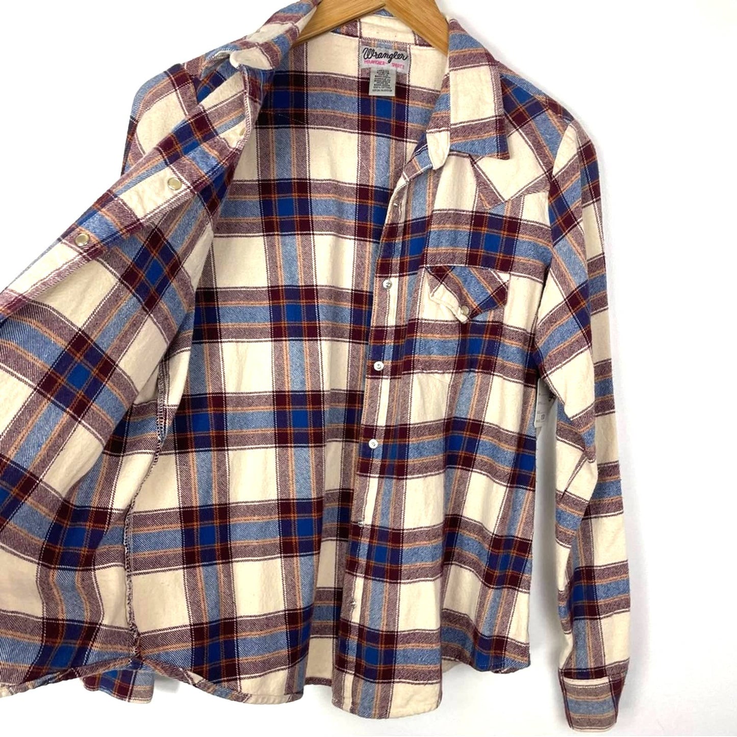 Vintage Wrangler Flannel Shirt Plaid Blue Cream Large