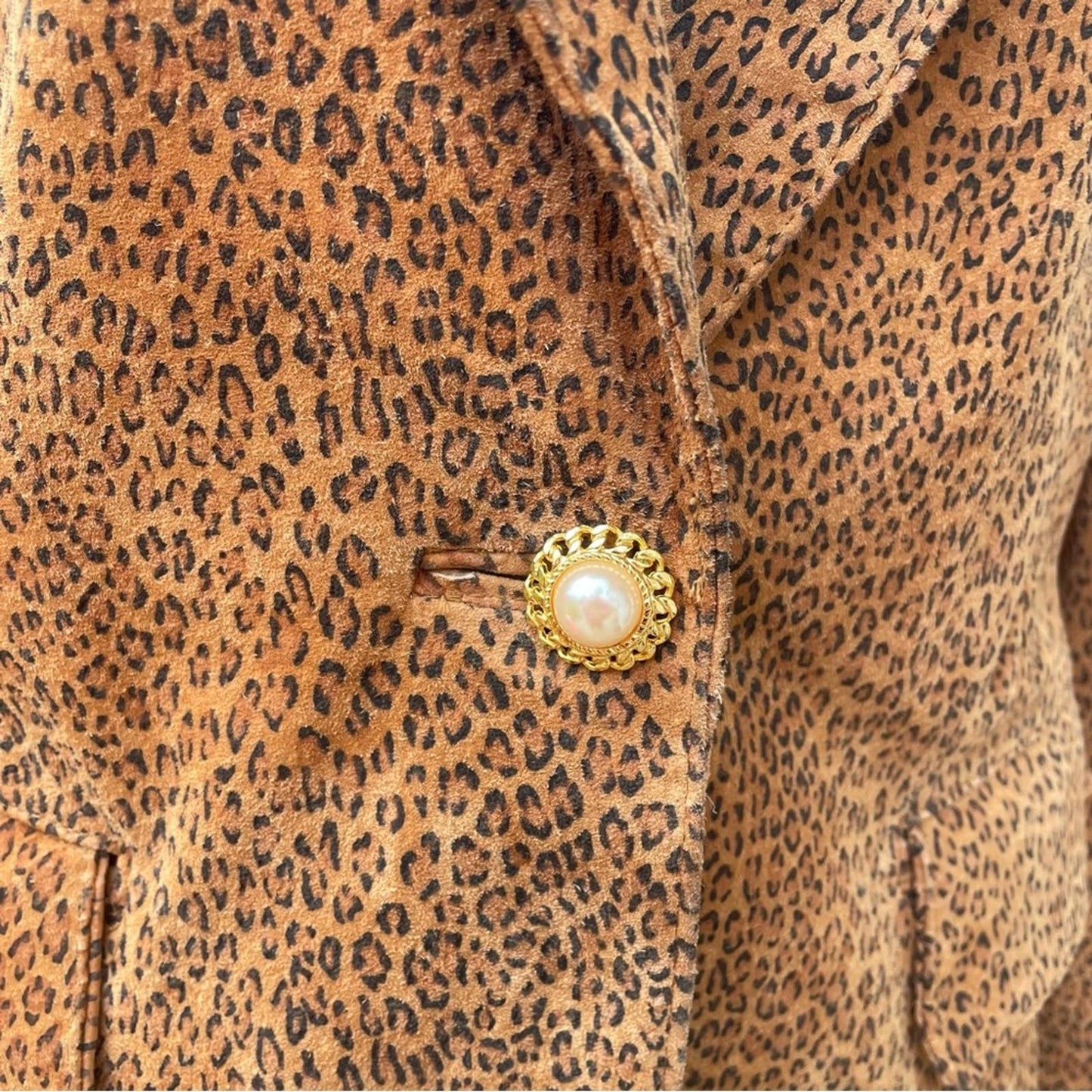 Vintage Suede Leopard Print Jacket Brown Tan Pearl Button S