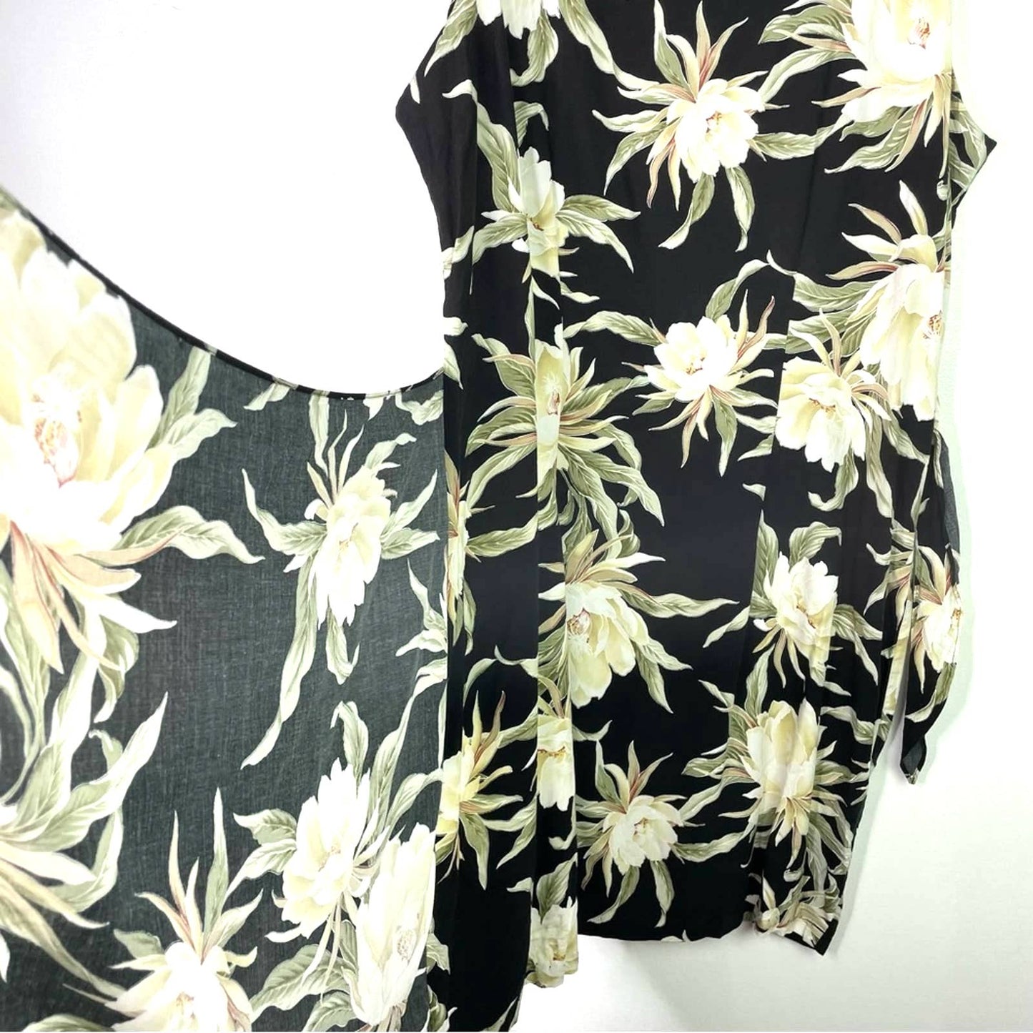 Vintage Hawaiian Dress Black White Flowers Tie Skirt Large